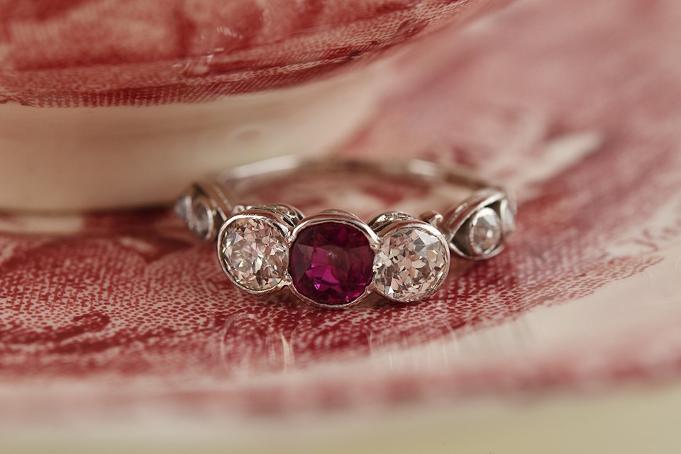 Edwardian Ruby and Diamond Cluster Ring - Charlotte Sayers Antique Jewellery